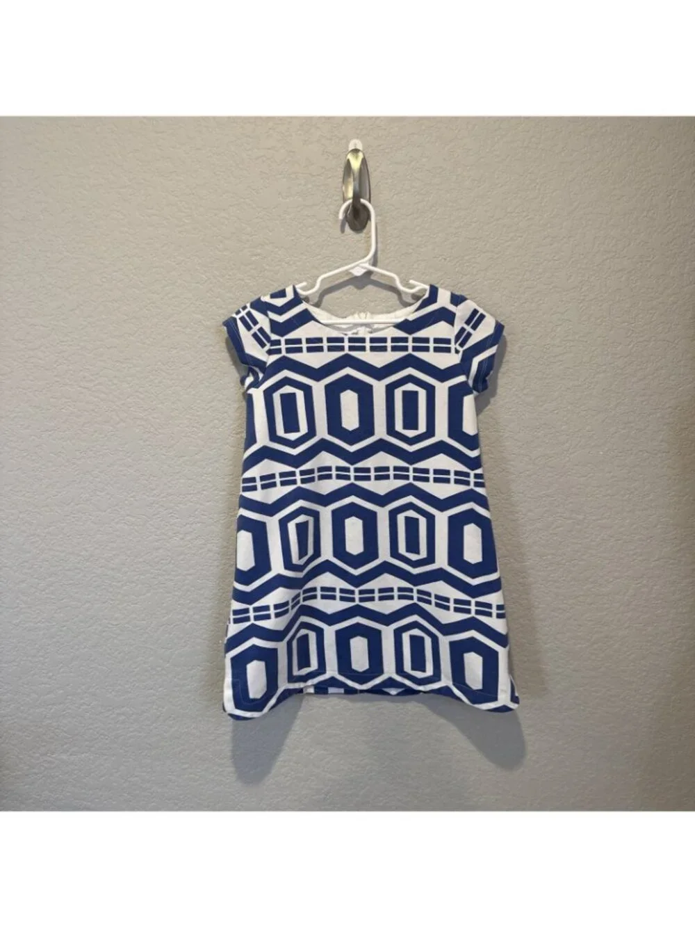 Gymboree knitted jumper dress, blue white size 7 Geometric Shift Short Sleeve